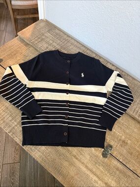 RL Navy & Cream Striped Button Cardigan